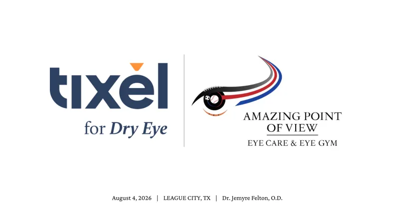 Split logo: 'tixel for Dry Eye' on the left and 'Amazing Point of View Eye Care & Eye Gym' with an abstract eye swoosh on the right.