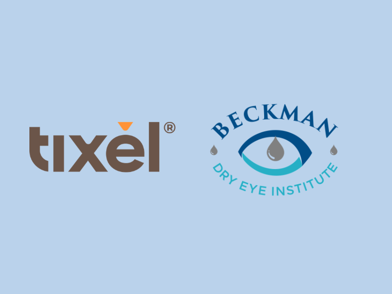 Logos for Tixel and Beckman Dry Eye Institute on a light blue background, side by side.