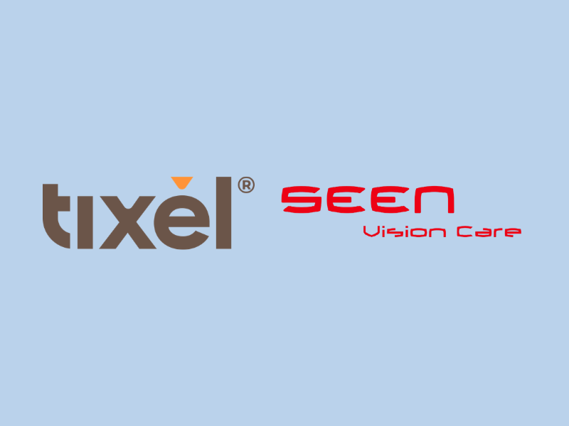 Brand banner with Tixel logo on the left and SEEN Vision Care logo on the right on a light blue background of the image.
