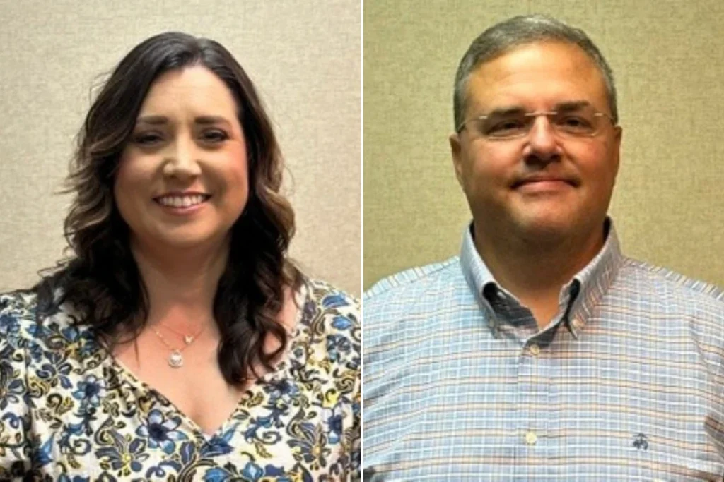 Side-by-side photo of a smiling woman in a floral blouse (left) and a smiling man in a light plaid shirt (right). Background is beige.