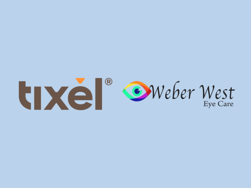 tixel and Weber West Eye Care logos side by side on a light blue background, featuring a multicolored eye symbol between them